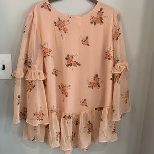 Whimsical Boho Romantic Peach Floral Print Sheer Bell Sleeve Ruffle Blouse Top